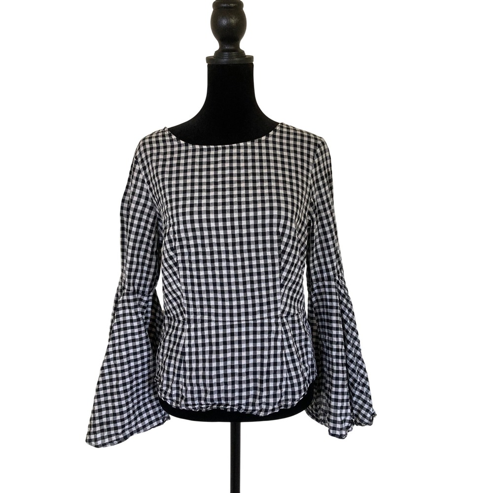 Nanette Lepore Black White Gingham Bell Sleeve Peplum Top Open Back Tie S
